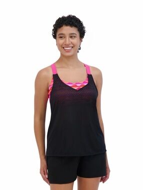 ZeroXposur 2-in-1 Tankini Top XS Pink Black Mesh Swim Top UPF 30 Sporty Athletic